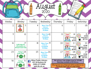 Calendar of events for August 2020