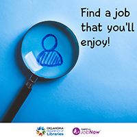 magnifying glass on a blue background with text that reads find a job that you'll enjoy