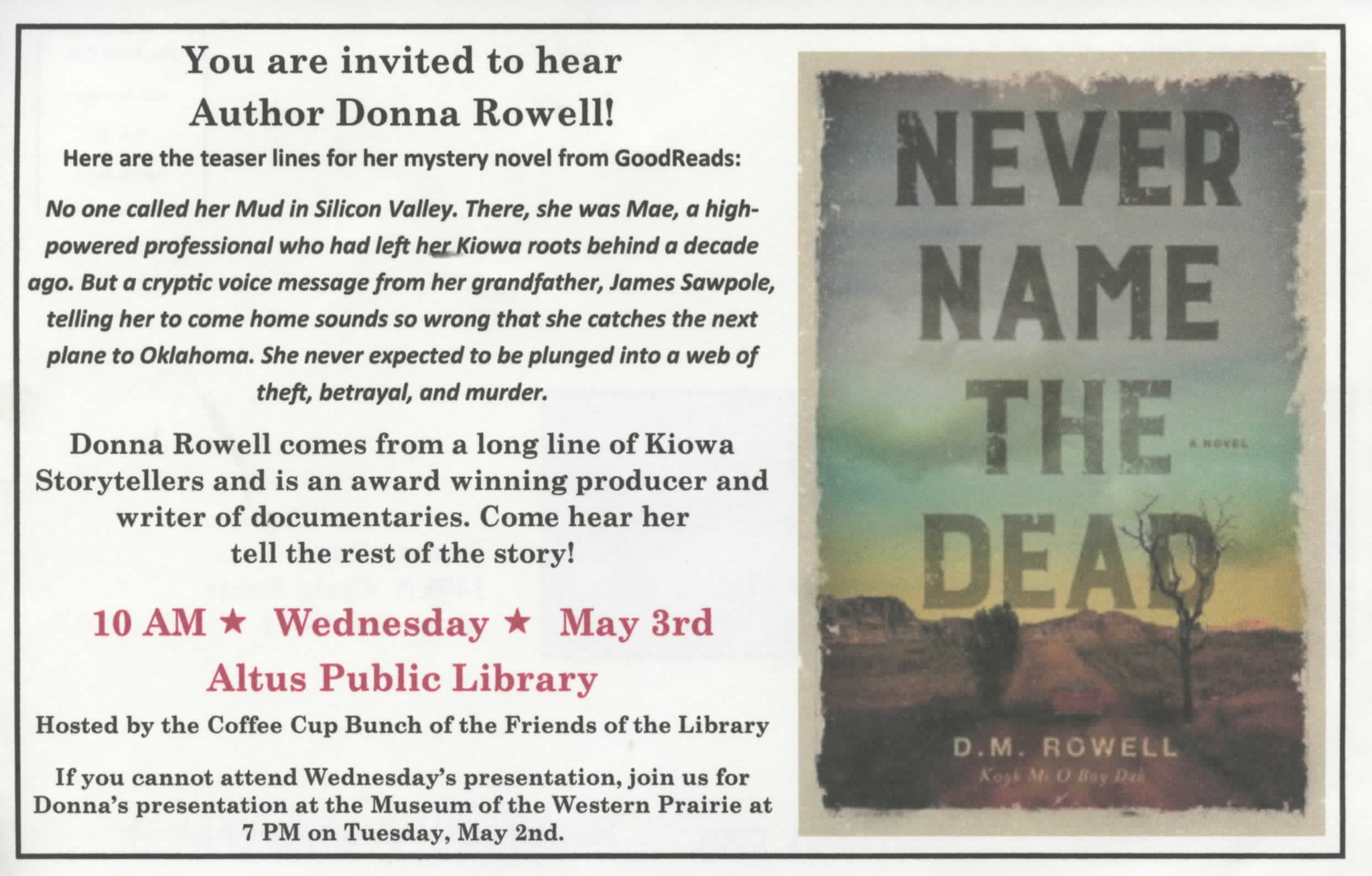 flyer for coffee cup event featuring the book never name the dead by donna rowell