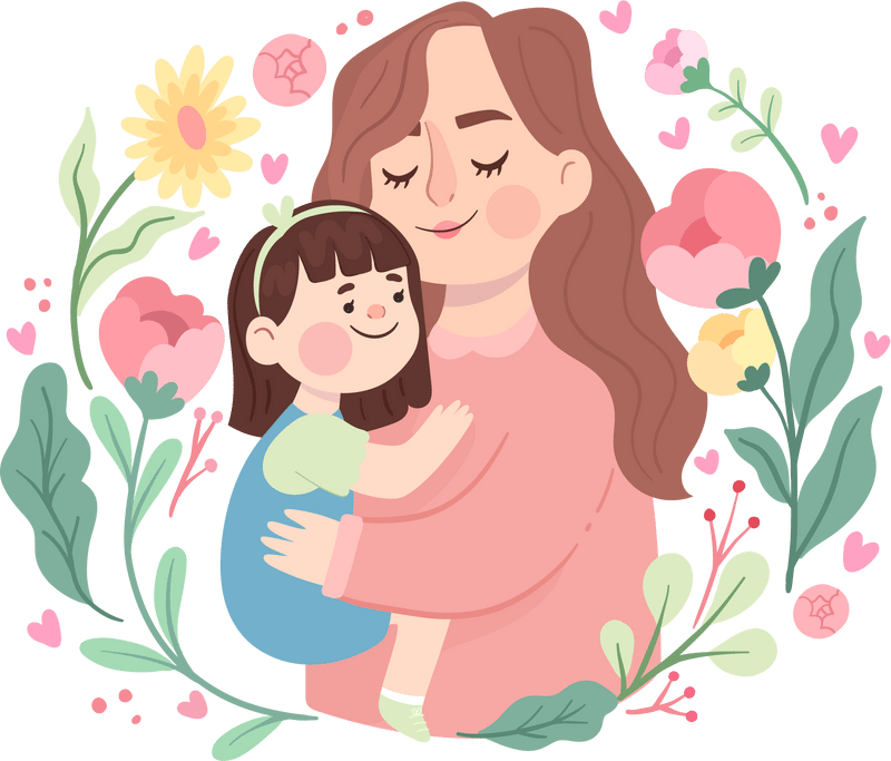 a mother and daughter hugging, surrounded by flowers