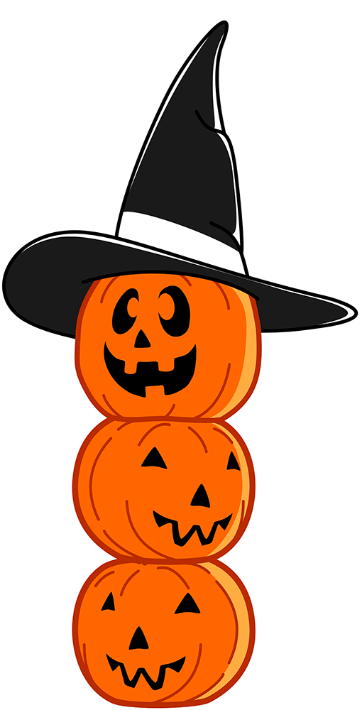 three pumpkins stacked on top of each other, with the top pumpkin wearing a pointed hat