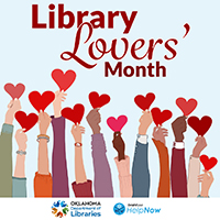 arms holding up hearts below the words library lovers' month
