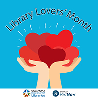 a set of hands holding a stack of hearts below the words library lovers' month