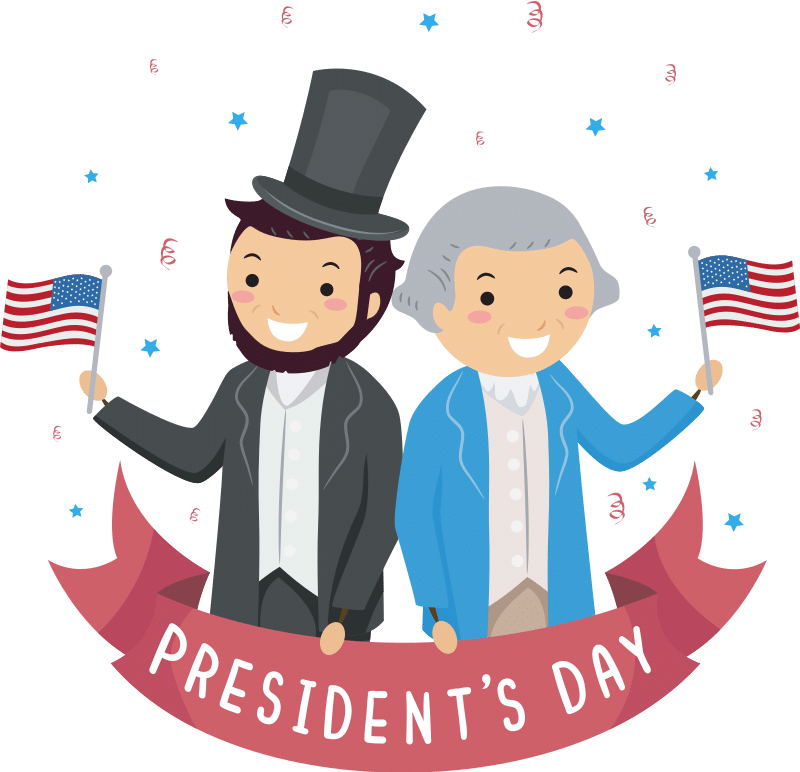 cartoon looking graphics of abraham lincoln and george washington holding flags, with the text presiden't day below them
