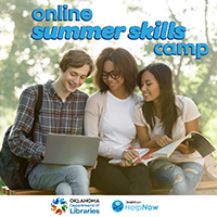 three teens sitting and looking at a laptop with the text online summer skills camp at the top