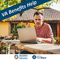 a man holding a drink and looking at a laptop with the text va benefits help at the top