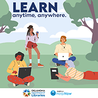 four people outdoors. two are on laptops, one is reading a book ,and the other is on their phone. the text learn anytime anywhere is at the top