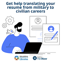a person is sitting at a laptop with a bird sitting on their shoulder. there are documents in the background. the text get help translating your resume from military to civilian careers is at the top