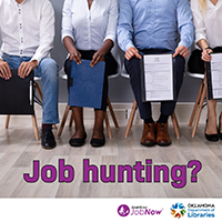 four people sitting in chairs holding resumes, with the text job hunting? at the bottom