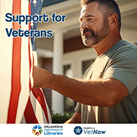 a man holding an america flag, with the text support for veterans at the top left