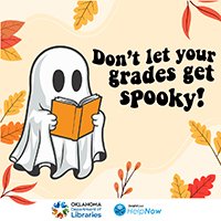 a ghost reading a book with the text don't let your grades get spooky to the right