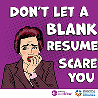 a cartoon woman with a scared expression on her face with the text don't let blank resume scare you to the right