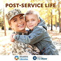 a woman in a military uniform holding a young boy with the text post-service life at the top