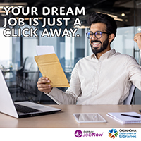 a person sitting in front of a laptop looking at a letter and smiling with the text your dream job is just a click away at the top