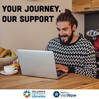 a person sitting at a laptop smiling with the text your journey our support at the top