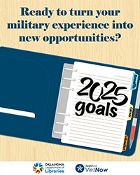 an open planner with 2025 goals on the first page with the text ready to turn your military experience into new opportunities? at the top